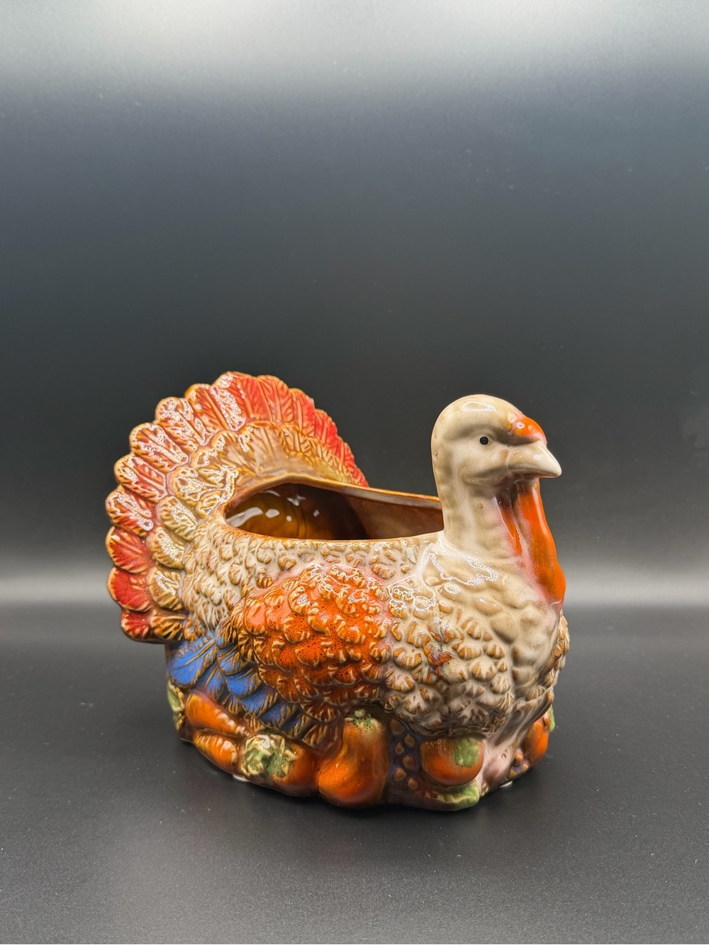 Ceramic Turkey Planter/Centerpiece - Orange, Blue, Cream